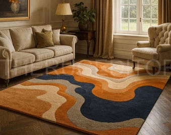 Abstract Wave Area Rug – Orange, Blue Modern Home Decor