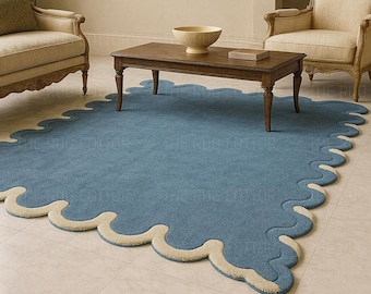 Blue Scalloped Edge Area Rug, Modern Wavy Border