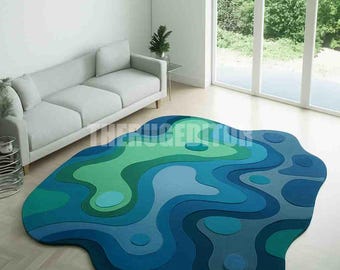 Yellow Abstract Wavy Rug, Irregular Shape, Modern Art Carpet