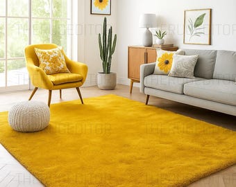 Mustard Yellow Plush Area Rug, Modern Minimalist Decor