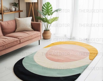 Pastel Geometric Round Area Rug – Modern Abstract Floor Decor