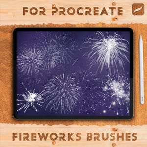 May include: A digital illustration of white fireworks on a dark blue background displayed on a tablet. The tablet is on a wooden surface with the words "FOR PROCREATE" and "FIREWORKS BRUSHES" carved into the wood. A white stylus is next to the tablet.