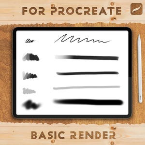 Op de afbeelding: Een digitale kunsttutorial voor Procreate, met een tablet waarop voorbeelden van penseelstreken en de tekst "FOR PROCREATE" en "BASIC RENDER" staan. Een witte stylus ligt op een houten oppervlak en toont verschillende penseeleffecten en lijnstijlen.