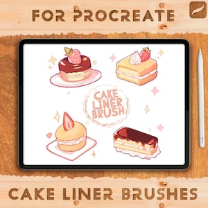 Könnte beinhalten: Ein digitales Tablet zeigt vier Cartoon-Kuchen mit Erdbeeren und den Text "CAKE LINER BRUSH". Das Tablet liegt auf einer Holzoberfläche, mit den Worten "FOR PROCREATE" und "CAKE LINER BRUSHES" darüber und darunter.