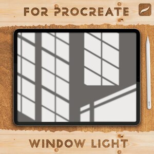 May include: A black tablet showing a window light shadow on a wooden surface. A white stylus is on the right. The words "FOR PROCREATE" and "WINDOW LIGHT" are carved into the wood.