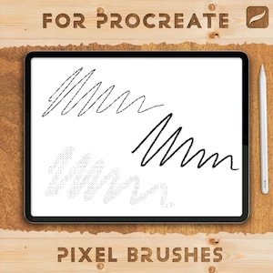 Könnte beinhalten: Ein digitales Tablet zeigt schwarze Kritzeleien und gepunktete Linien, die Pixelpinsel demonstrieren. Das Tablet liegt auf einer Holzoberfläche, in die die Worte "FOR PROCREATE" und "PIXEL BRUSHES" geschnitzt sind. Ein weißer Stift liegt daneben.
