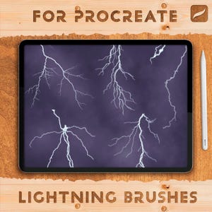 May include: A digital art display on a tablet shows white lightning bolt brushes against a dark purple background. The words "FOR PROCREATE" and "LIGHTNING BRUSHES" are carved into the wooden surface. A white stylus is on the right.