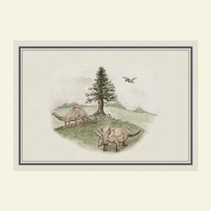 May include: Watercolor illustration of a prehistoric scene featuring two dinosaurs, a Triceratops and a Brontosaurus, near a tree. A flying Pterodactyl is in the sky. The artwork is framed with a blue border and set against a cream background.