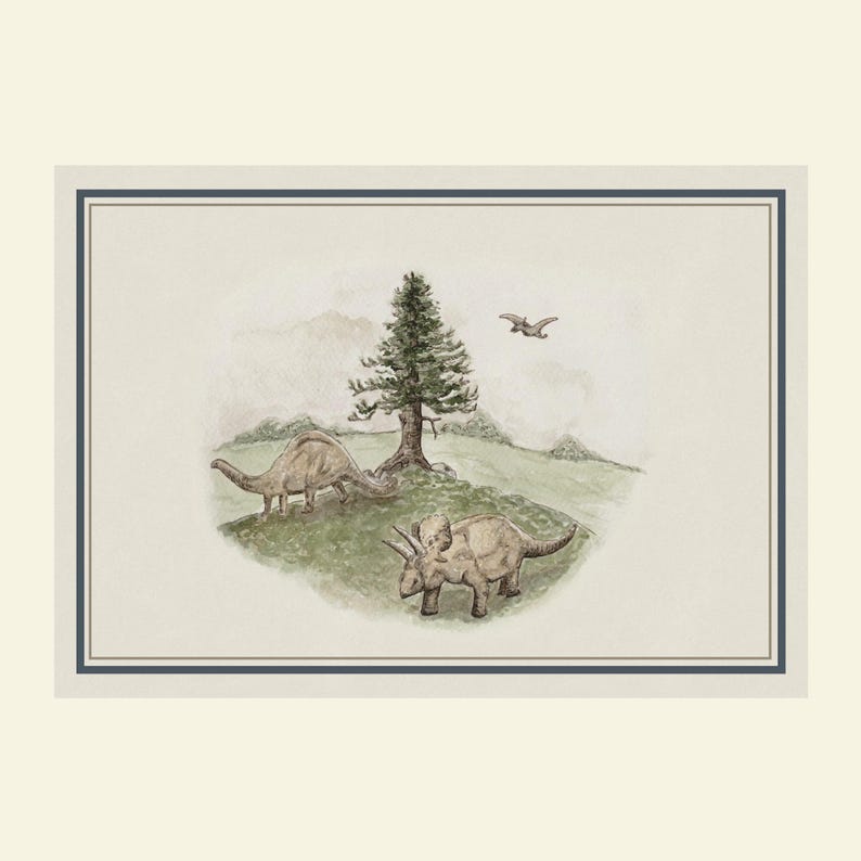 May include: Watercolor illustration of a prehistoric scene featuring two dinosaurs, a Triceratops and a Brontosaurus, near a tree. A flying Pterodactyl is in the sky. The artwork is framed with a blue border and set against a cream background.