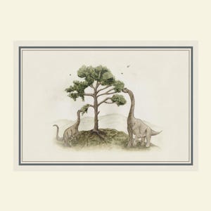 May include: Watercolor illustration of two dinosaurs reaching for the leaves of a tree. The dinosaurs are gray and the tree has green foliage. The artwork is framed with a gray border and set against a cream background.