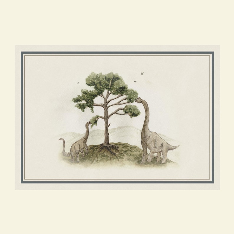 May include: Watercolor illustration of two dinosaurs reaching for the leaves of a tree. The dinosaurs are gray and the tree has green foliage. The artwork is framed with a gray border and set against a cream background.