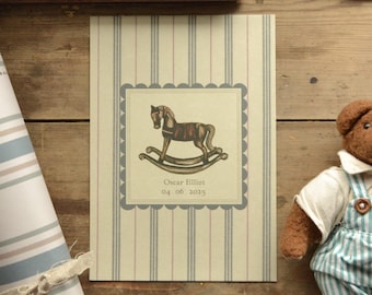 Impression d'art personnalisée pour chambre de bébé cheval à bascule : nom du bébé et date de naissance