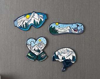 Skiing Snowboard Souvenir Set, 3D Enamel Winter Sports Magnet, Ski Goggles & Helmet Fridge Decor, Mountain Adventure Gift