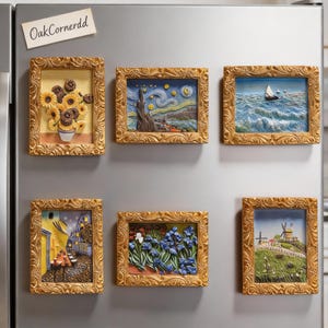 May include: Six framed art magnets with gold-colored ornate frames. The art depicts famous paintings, including sunflowers, a starry night, a seascape, a cafe scene, irises, and a windmill landscape. The magnets are displayed on a refrigerator.