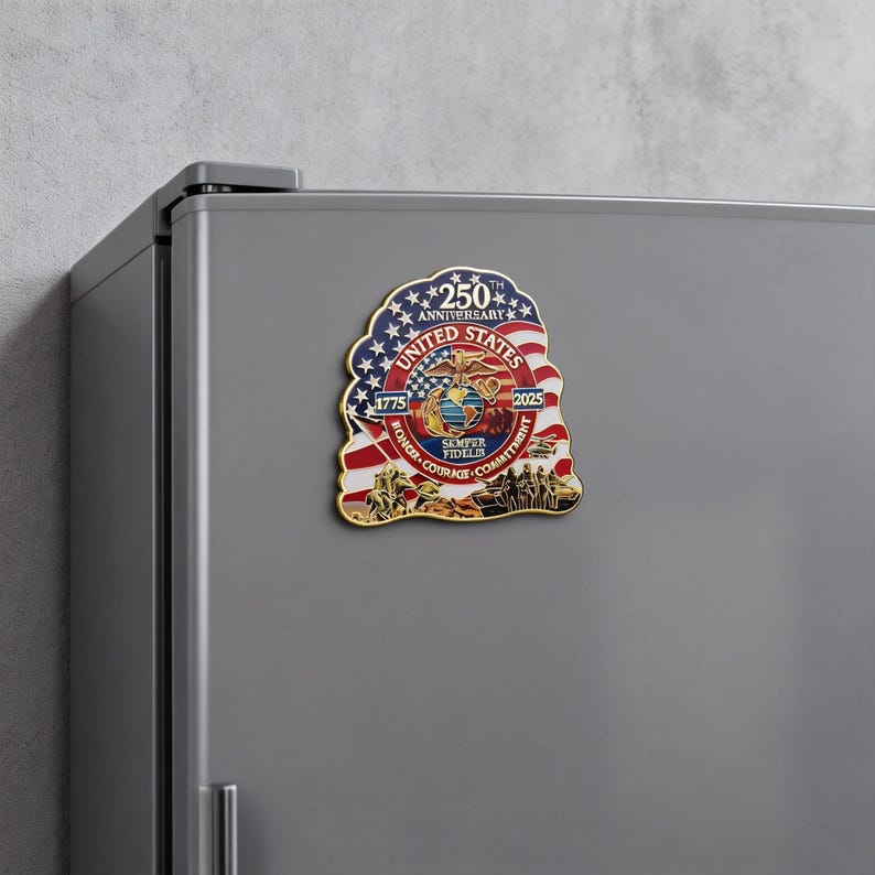 K&ouml;nnte beinhalten: Ein Gedenkmagnet mit dem Emblem des United States Marine Corps, das den 250. Jahrestag feiert. Das Design beinhaltet die amerikanische Flagge, die Jahre 1775 und 2025 sowie die Worte "Ehre, Mut, Engagement."