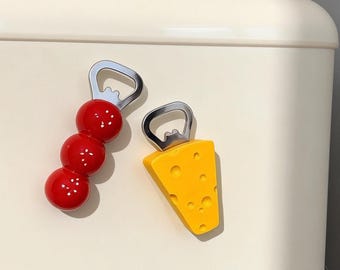 Cute Cheese Bottle Opener, Tanghulu Fridge Magnet, Funny Beer Opener, Magnetic Kitchen Gadget, Kawaii Home Decor, Red Berry Magnet