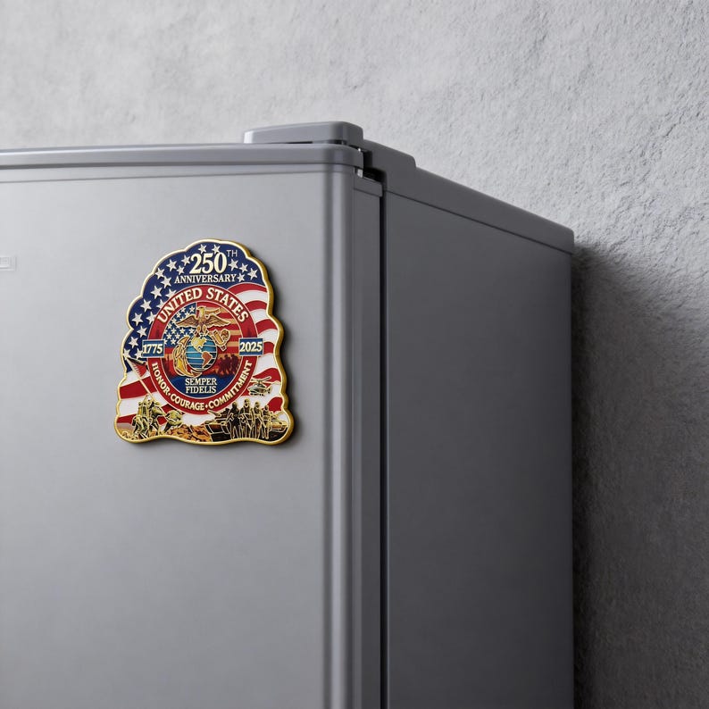 K&ouml;nnte beinhalten: Ein Gedenkmagnet zum 250. Jahrestag der Vereinigten Staaten. Der Magnet zeigt die US-Flagge, einen Adler und die Worte "Ehre, Mut, Engagement" und "Semper Fidelis". Der Magnet ist an einem grauen K&uuml;hlschrank befestigt.