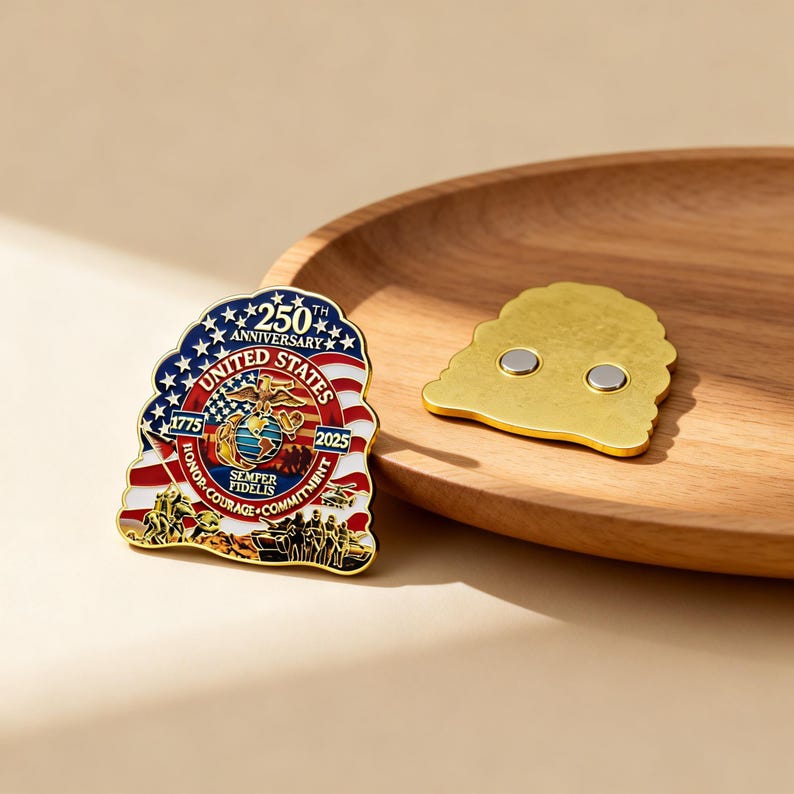 K&ouml;nnte beinhalten: Eine Gedenkm&uuml;nze mit patriotischem Design, mit dem Text "250th Anniversary United States" und dem Emblem des Marine Corps. Die M&uuml;nze hat die Form der amerikanischen Flagge. Ein goldfarbener Magnet ist ebenfalls vorhanden.