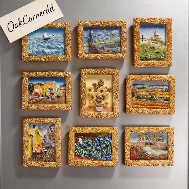 May include: Nine framed miniature art pieces with gold-colored ornate frames. The artwork depicts various scenes, including a sailboat on the sea, sunflowers, and a starry night. The text "OakCornerdd" is in the upper left corner.