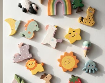 Hand-painted Wooden Fridge Magnets, Cute Cartoon Animal Refrigerator Decor, Nursery Magnet , Unique Wooden Kitchen Gift, Montessori Style