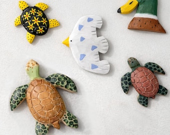 Hand-Carved Wooden Animal Fridge Magnets, Coastal Turtle Duck Bird Refrigerator Decor, Rustic Nature Kitchen Magnets