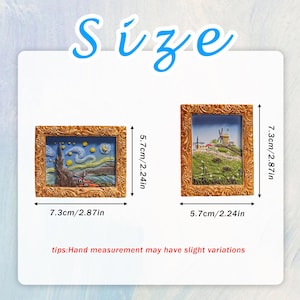 May include: Two miniature framed art pieces. One depicts a starry night scene, the other a landscape with windmills. Both are in ornate gold frames. The dimensions are 2.87 inches by 2.24 inches and 2.87 inches by 2.24 inches.