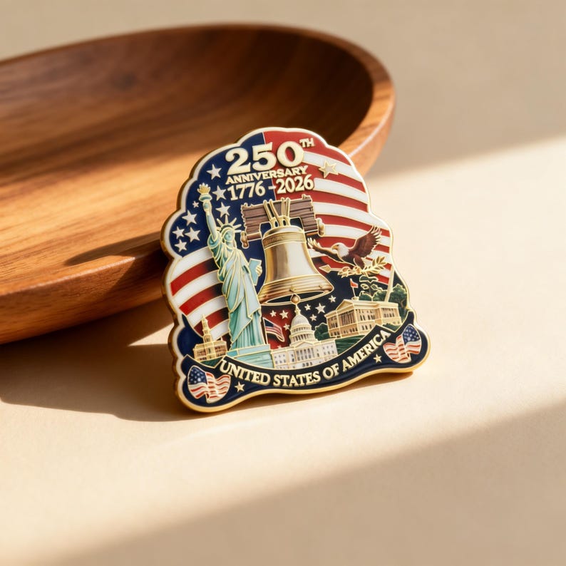K&ouml;nnte beinhalten: Eine patriotische Anstecknadel mit der Freiheitsstatue, der Liberty Bell und dem Kapitol. Das Design beinhaltet die amerikanische Flagge und den Text "250th Anniversary 1776-2026" und "United States of America".