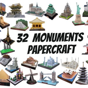 May include: An assortment of 32 papercraft monuments from around the world, including the Eiffel Tower, the Statue of Liberty, and the Taj Mahal. The text "32 MONUMENTS PAPERCRAFT" is displayed in bold, black letters.