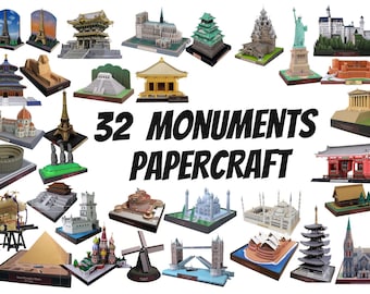 32 monumenten om te printen en in elkaar te zetten - DIY papieren modelsculptuur, papierknutselen, papieren modelbouwset, goedkoop speelgoed