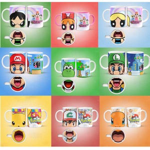 Pode incluir: Uma coleção de canecas de cerâmica com personagens de desenhos animados de Powerpuff Girls, Super Mario, Yoshi, Luigi, Pikachu, Ash Ketchum e Charmander. Cada caneca tem uma tampa correspondente com o rosto de um personagem. As canecas são brancas com designs coloridos.