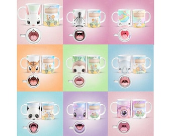 Diseños de tazas con animales adorables para niños con boca grande, tazas de sublimación, paquete de personajes, tazas divertidas, sonrisa, dientes, tazas virales, imágenes prediseñadas PNG