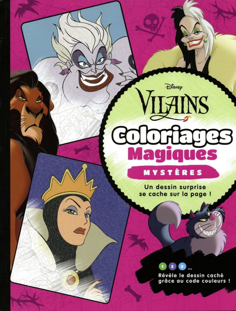Op de afbeelding: Een Disney Villains kleurboek met afbeeldingen van Ursula, Cruella de Vil, Scar en de boze koningin. De cover toont "Coloriages Magiques Myst&egrave;res" en instructies om verborgen afbeeldingen met kleurcodes te onthullen.