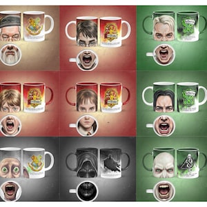 Può includere: Collezione di tazze in ceramica con vari personaggi di una serie fantasy. Ogni tazza mostra il volto di un personaggio e un logo. Le tazze hanno diversi colori del manico e sono abbinate a immagini a forma di piattino di bocche aperte.