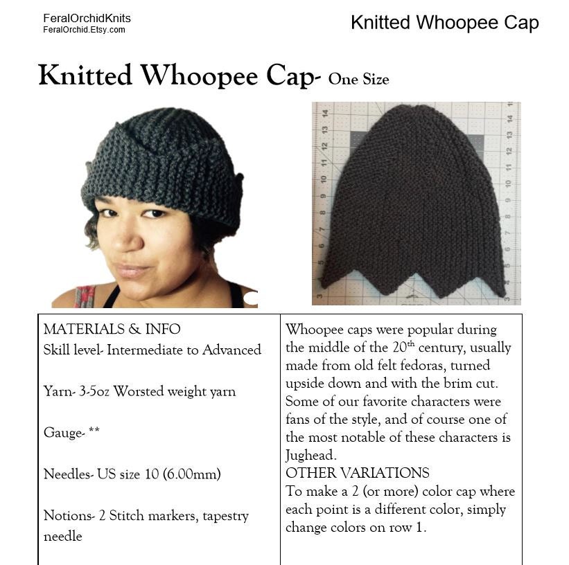 Knitting PATTERN- Jughead Hat, Whoopee Cap, Riverdale Hat Six or