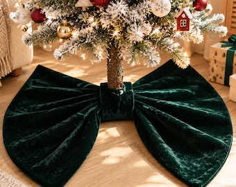 Large Velvet Bow Christmas Tree Skirt, Vintage Xmas Tree Base Decor,Soft Plush Holiday Ornament, European Style Christmas Home Decoration