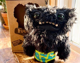 Fuggler Plush Toy - Black 'Wide-Eyed Monster' with Funny Underwear, Ugly Cute Stuffed Animal, Gifts for him/her, Birthday Gift