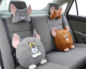 Tom and Jerry Car Headrest Pillow, Cute Cartoon Car Neck Pillow, Plush Car Lumbar Pillow, Car Accessories for Her, Soft Car Seat Cushion
