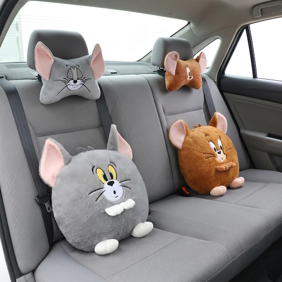 Tom and Jerry Car Headrest Pillow, Cute Cartoon Car Neck Pillow, Plush Car Lumbar Pillow, Car Accessories for Her, Soft Car Seat Cushion