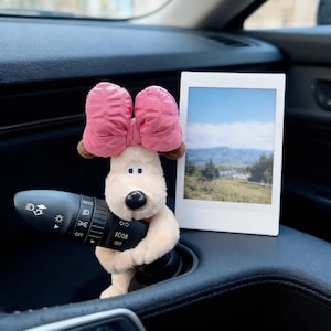 May include: A plush beige dog figurine with a large pink bow on its head, holding a black plastic car headlight control stalk. Next to the figurine is a white-bordered instant photograph showing a landscape with green hills and a blue sky.