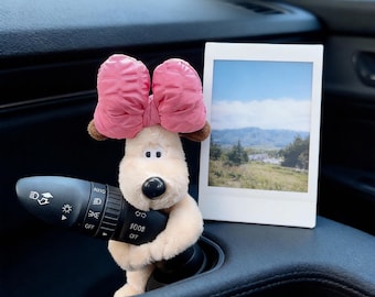 Cute Dog Car Shift Lever Decor, Gromit Plush Car Accessory, Bow Tie Car Interior Decor, Pilot Dog Car Ornament, Gift for Car Lovers