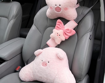 Cute Pink Pig Car Neck Pillow | Seat Belt Cover | Waist Support Cushion, Soft Plush Auto Accessory, Gift for Her, Universal Car Decor