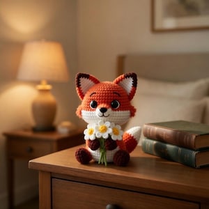 May include: A crocheted fox doll with orange, white, and brown details. The fox is holding a bouquet of white and yellow daisies. The doll is sitting on a wooden nightstand next to a lamp and two books.