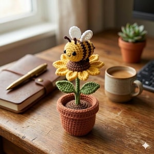 May include: A handmade crochet bee sits atop a yellow sunflower with brown and green accents, potted in a small terracotta-colored pot. The bee has black eyes and white wings. The flower has green leaves and is on a wooden surface.