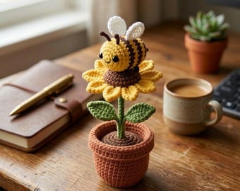 Maceta con forma de girasol de ganchillo múltiple, maceta de amigurumi hecha a mano, bonita decoración de escritorio con forma de abeja tejida, regalo para el Día de la Madre Y-12032605C
