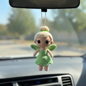 Crochet Tinkerbell Car Hanging Doll | Handmade Disney Fairy Car Charm | Rear View Mirror Decor | Peter Pan Fan Gift Idea Y-24032604C