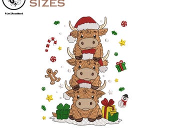 Christmas Highland Cow Embroidery File, Santa Hat Design (3-9 inch)