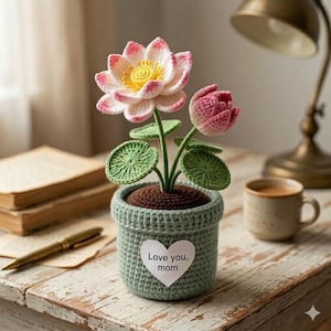 Multiple Style Crochet Lotus Flower Pot, Mother's Day Gift for Mom, Handmade Pink Lotus Amigurumi, Desk Decor, Spiritual Gift Y-12032614C