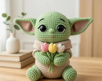 Crochet Baby Alien Amigurumi with Tulips, Handmade Green Creature Plush, Space Baby Gift, Forever Flowers Bouquet, Nursery Decor R-28032609