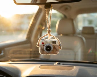 Adorno colgante para coche con forma de cámara de ganchillo, accesorio para espejo retrovisor con forma de cámara pequeña de amigurumi, regalo hecho a mano para fotógrafos R-14042606
