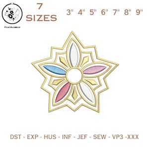 Può includere: Un disegno di ricamo a forma di stella con contorno dorato e un motivo floreale centrale. I petali sono bianchi, azzurri e rosa. Disponibile in 7 misure, da 7.6 cm a 22.9 cm. Testo: '7 MISURE'.